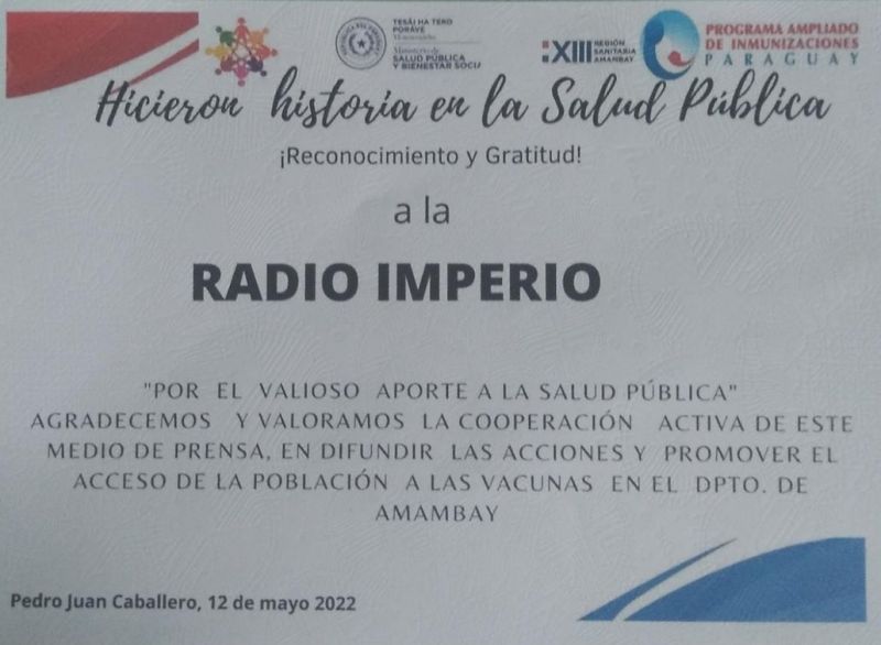 El PAI otorga Certificado de Reconocimiento y Gratitud a Radio Imperio