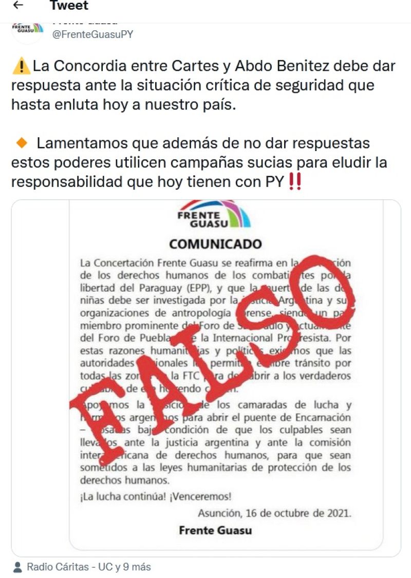 Frente Guazú niega atutoría de comunicado y acusa a Cartes y a Abdo Benítez