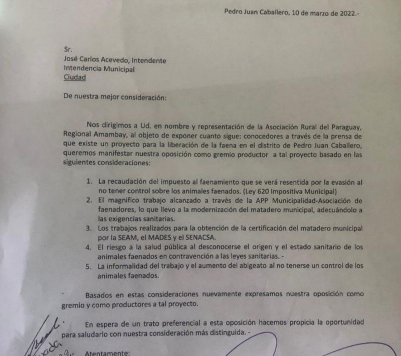 Desatinada interpretación de la ARP Amambay sobre  Proyecto de Ordenanza