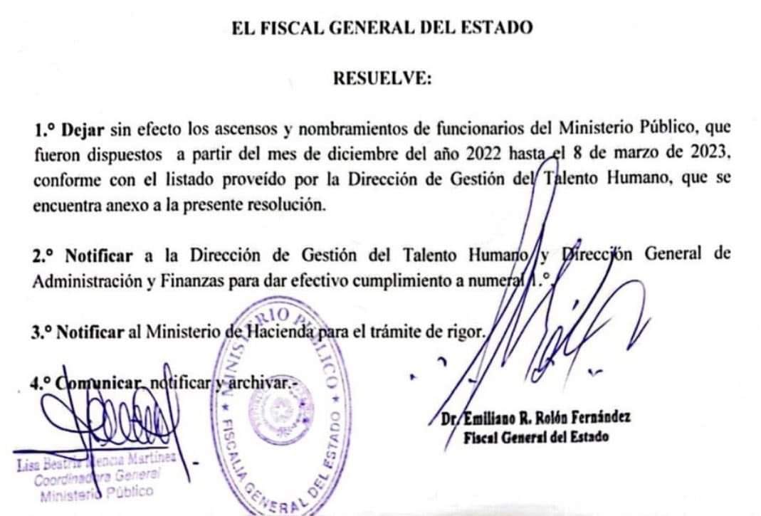 Rolón deja sin efecto los ascensos registrados en últimos meses de Quiñónez