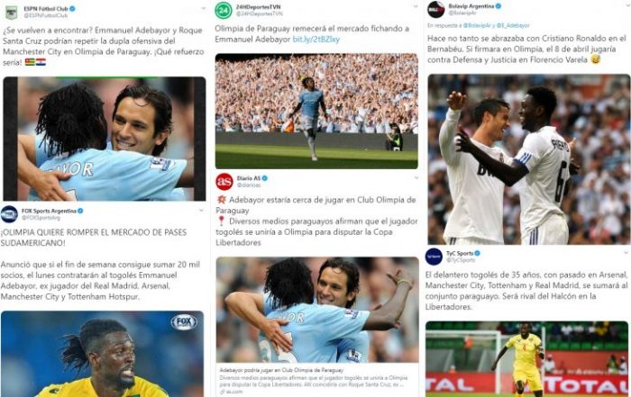 El mundo se hace eco de la llegada de Adebayor a Olimpia