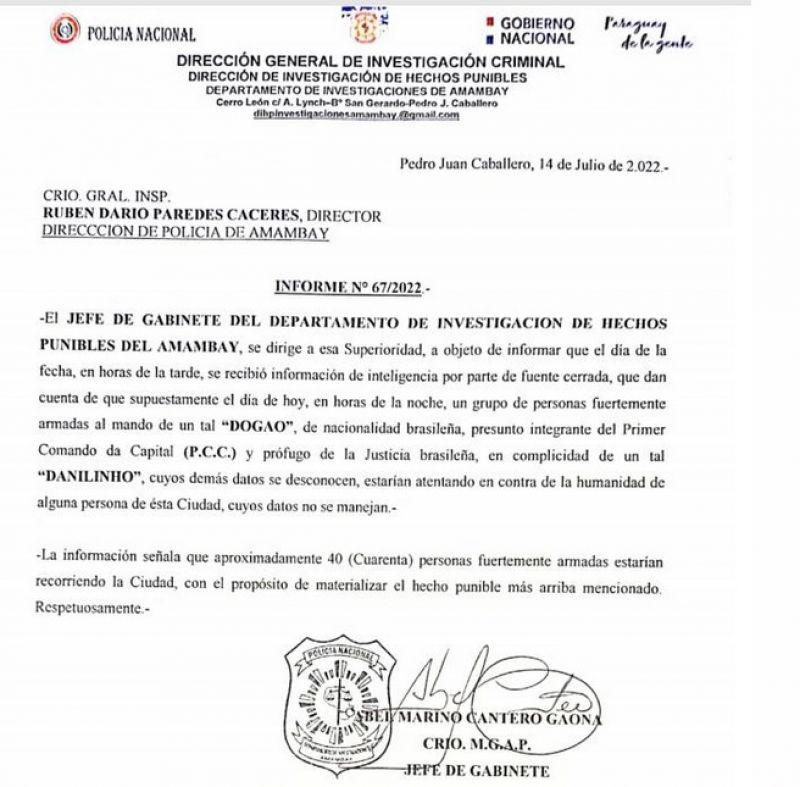 Alertan al Director de Policía sobre un supuesto plan para asesinar a una persona
