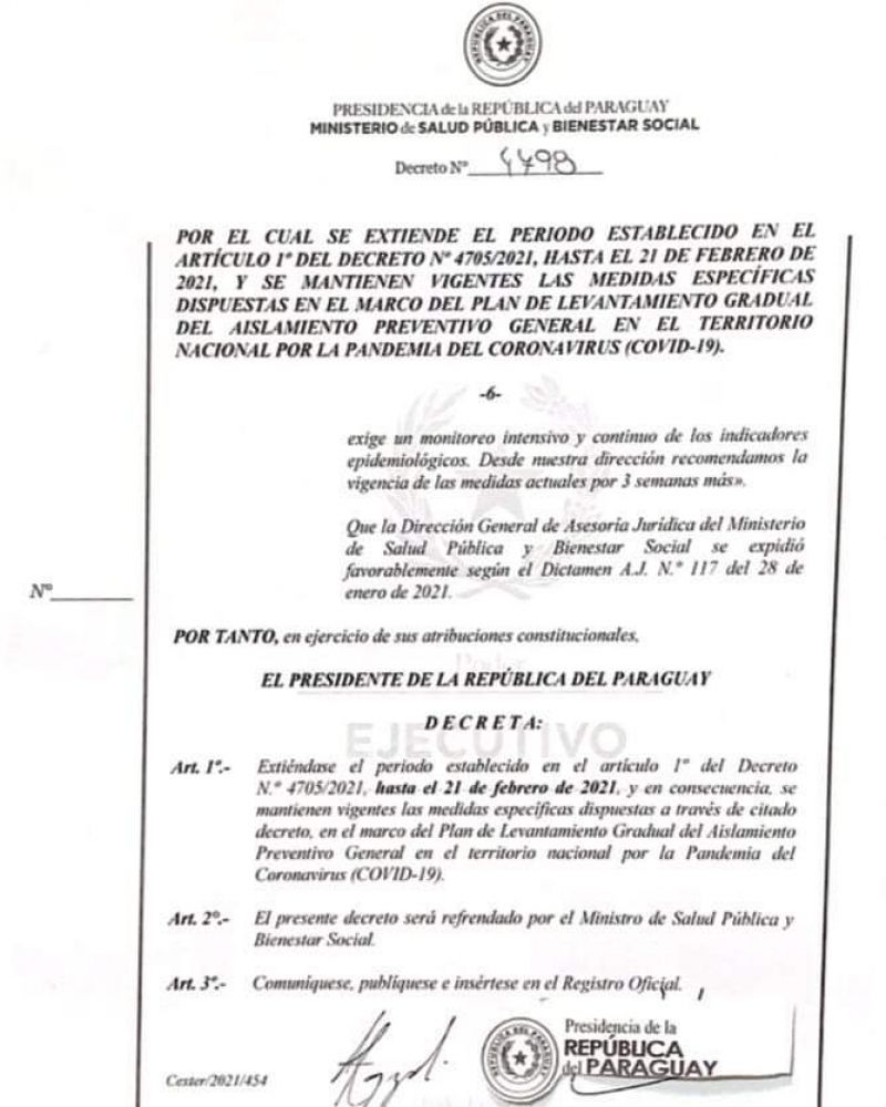 Decreto extiende medidas sanitarias vigentes hasta el 21 de febrero