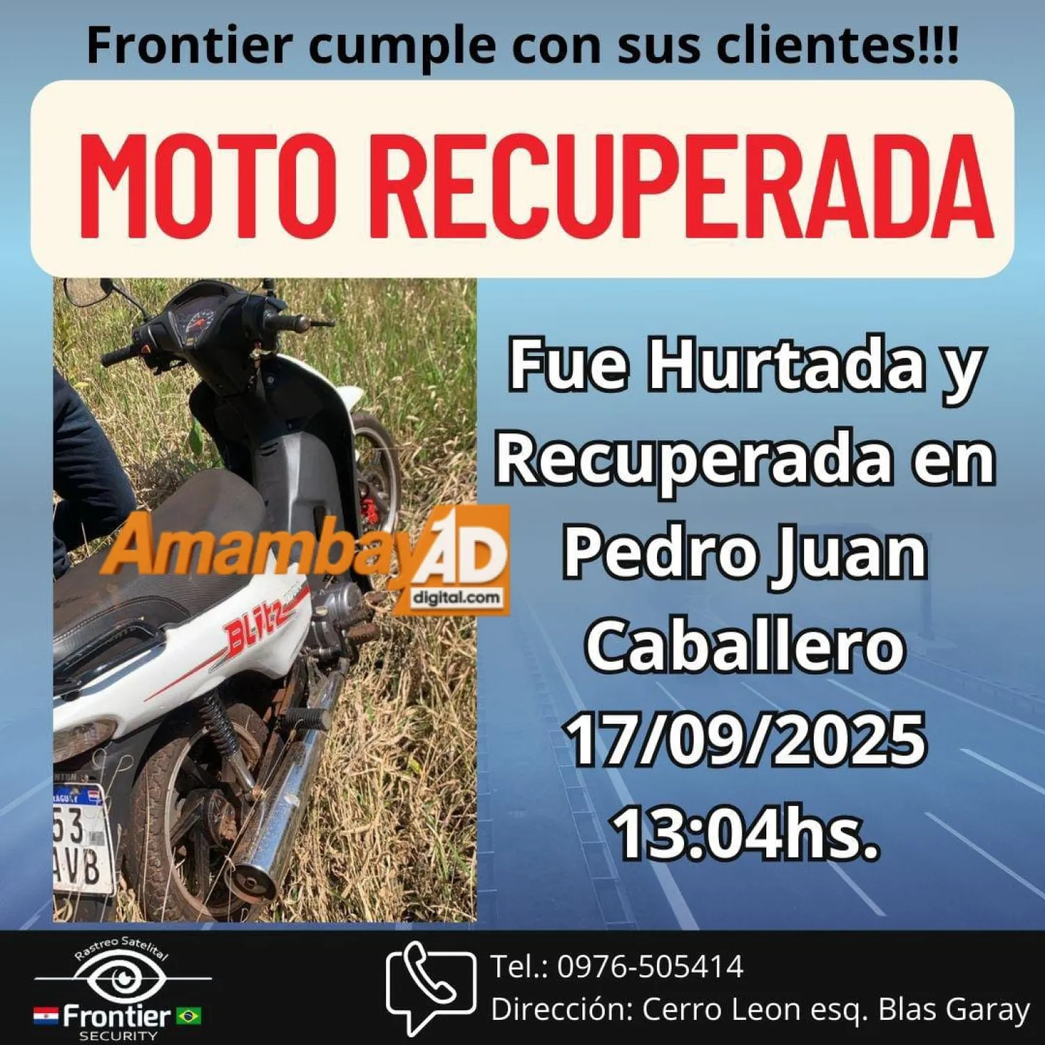 En tiempo record Frontier Security recupera moto hurtada.
