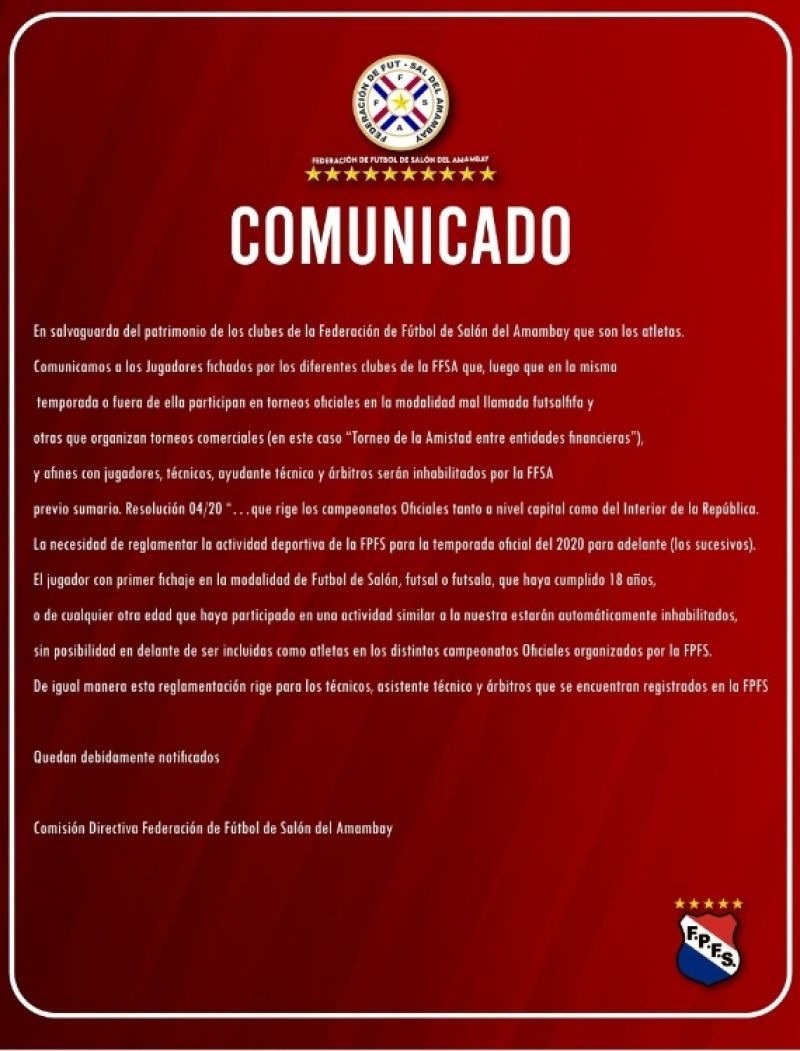 Comunicado mediante la FFSA  advierte a clubes, jugadores, técnicos y árbitros