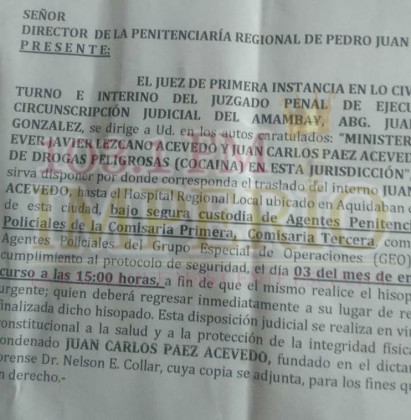 Director de la Cárcel Regional desacata orden judicial  y se niega a trasladar a un recluso al hospital