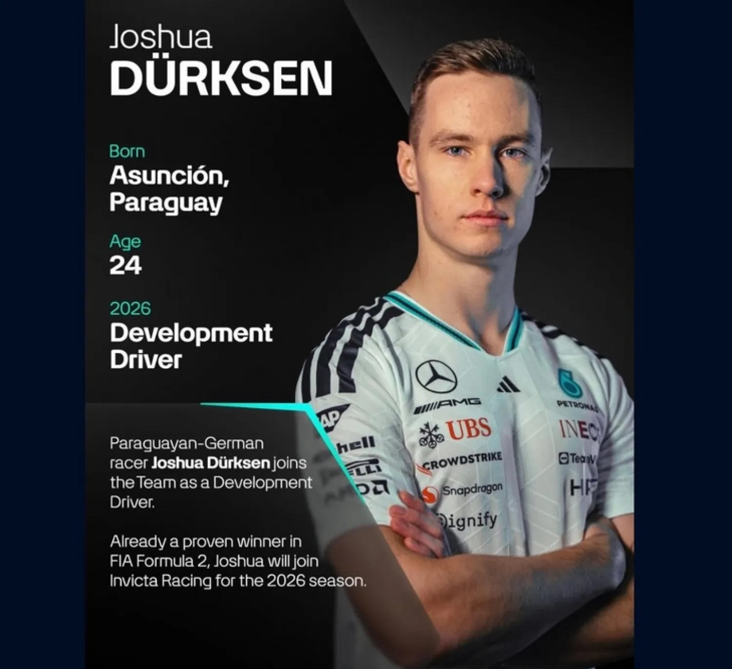 ¡HISTÓRICO! Joshua Duerksen se une a la escudería Mercedes para la temporada 2026