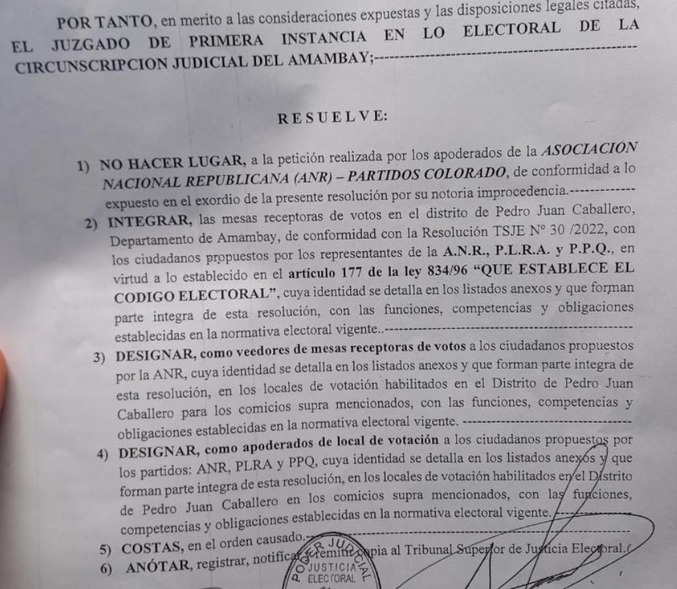 Juzgado Electoral rechaza pedido de la ANR y el PPQ podrá integrar las mesas en las elecciones del 30 de octubre