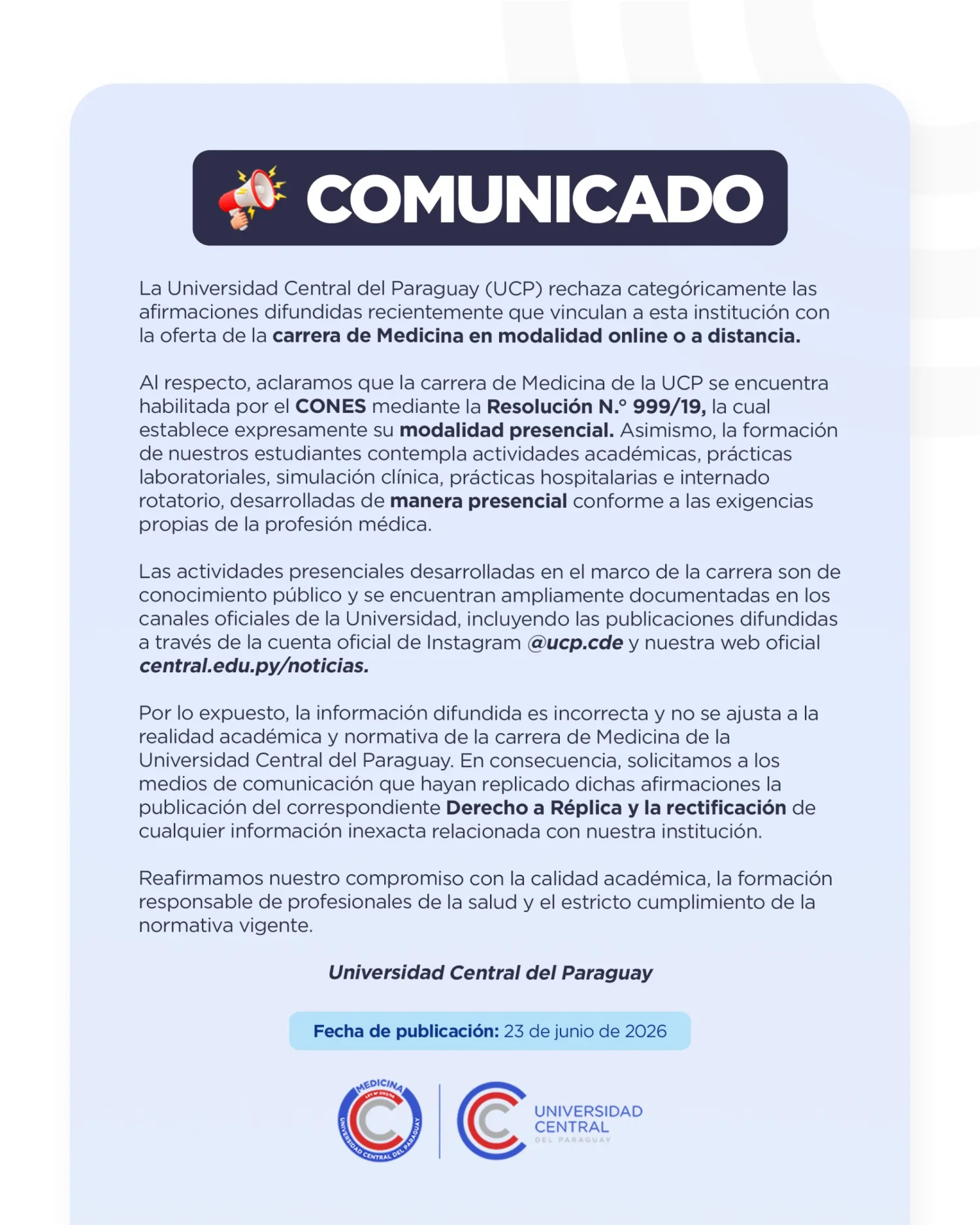 UCP desmiente información falsa y ratifica que la carrera de Medicina se desarrolla exclusivamente en modalidad presencial