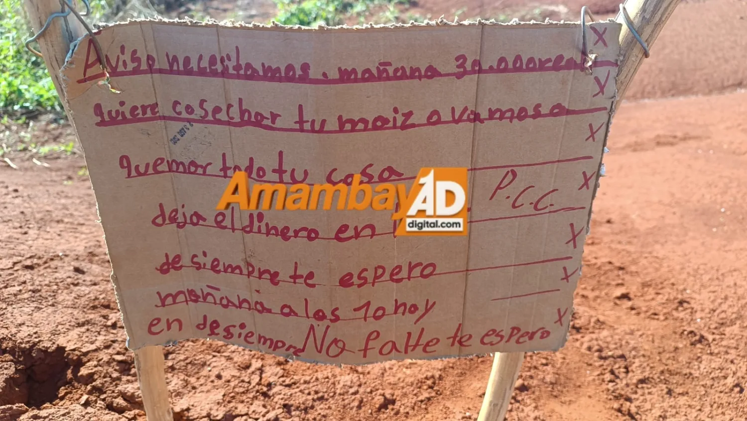 Dejan panfleto extorsivo y amenazan con quemar vivienda y plantación de maíz de un colono