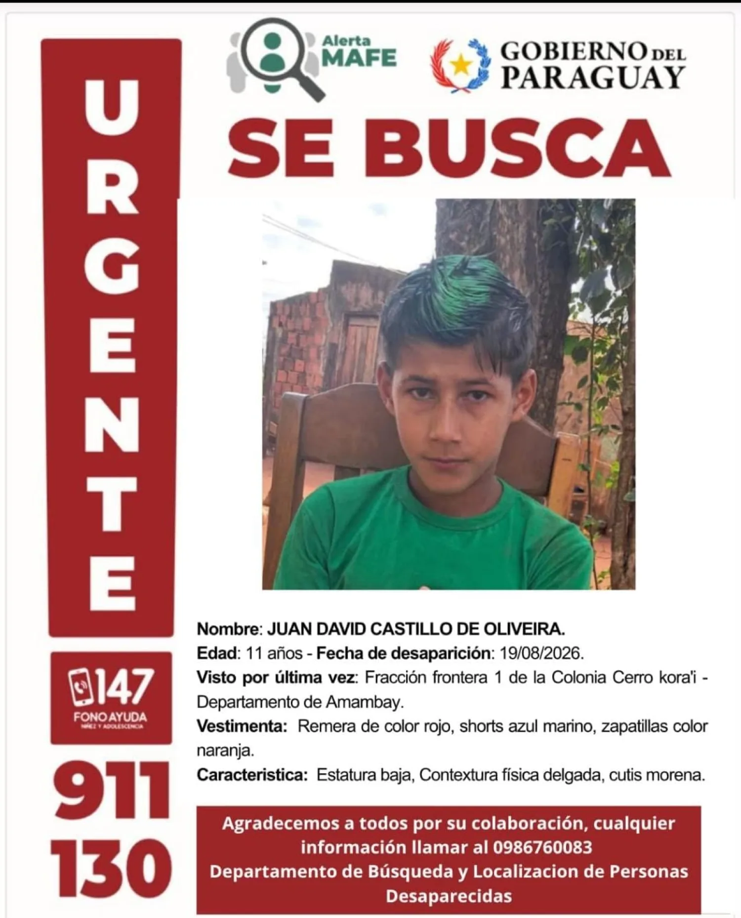 Menor de 11 años está desaparecido y familiares buscan su paradero