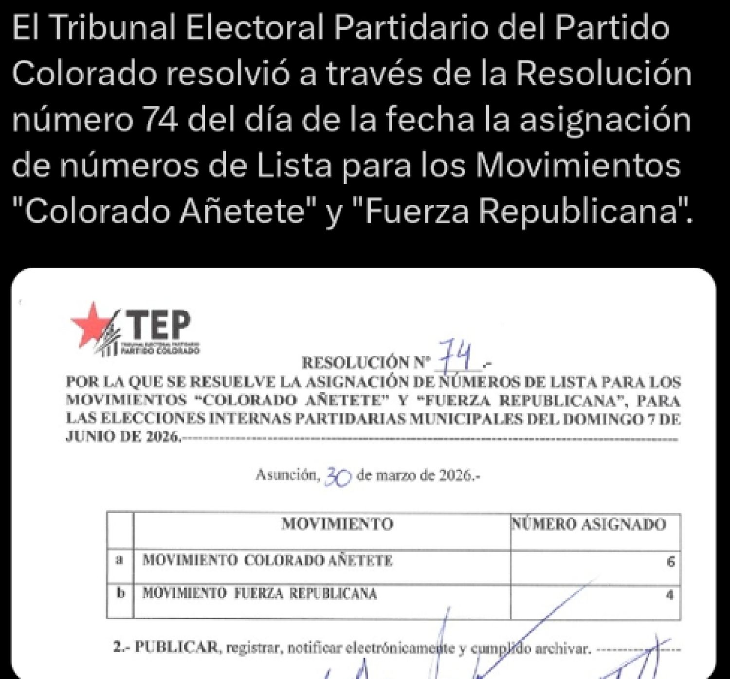 Conflicto en la ANR: TEP reasigna números de listas y desata reclamos en Fuerza Republicana